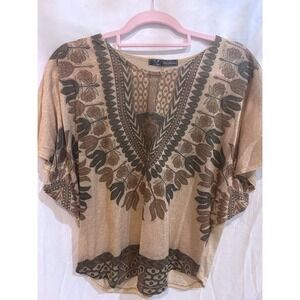 Blue Horizon Women's Gold Metallic Sparkle V Neck Dolman Sleeve Tunic Top Medium